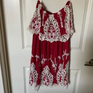 Red & Cream Lace Strapless Dress